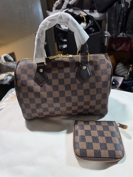 Source Unknown Handbags - Elegant Brown Checker Satchel with Matching Coin Wallet